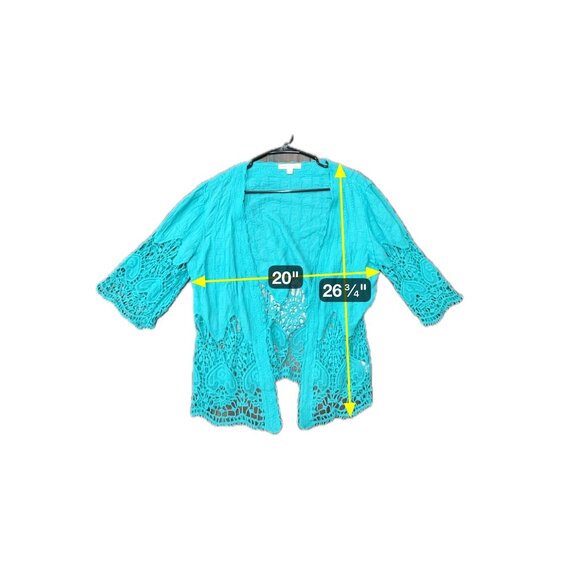 Farmers Market By Oneworld Lace Trim Open Front Cardigan Teal Sz Large Crinkle - Picture 7 of 10